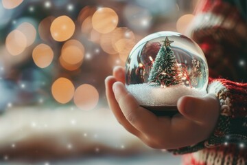 Fototapeta premium Kids's hand holds Christmas snow globe with Christmas tree inside it, festive background with a copy space. AI generative