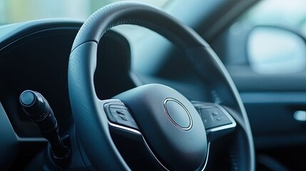 Fototapeta premium Close-Up View of a Modern Car Steering Wheel and Dashboard