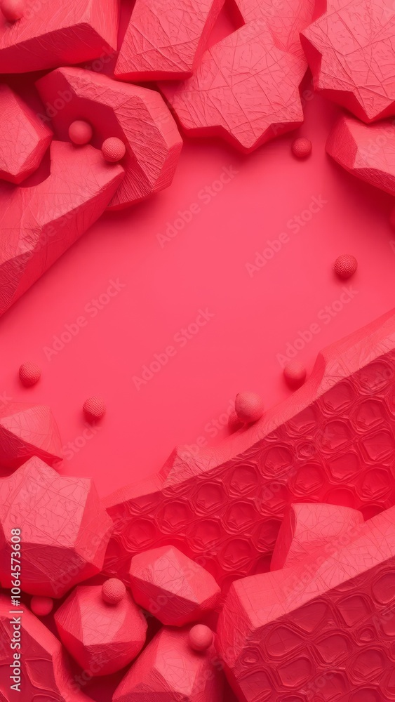Poster Bright red abstract background with 3D geometric patterns and textured shapes, creating a dynamic look