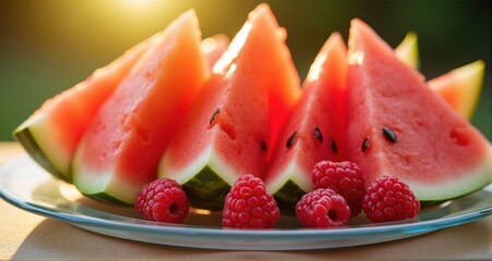 Fresh watermelon slices with raspberries