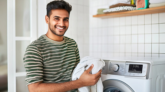 Smiling indian man doing laundry in modern home laundry room