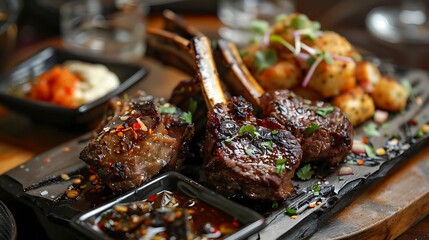 Flavored fried crops cyan soda and barbecued cuts of lamb