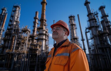 An elderly engineer quietly inspects an oil pipeline, a refinery location, safety equipment, and the oil industry..