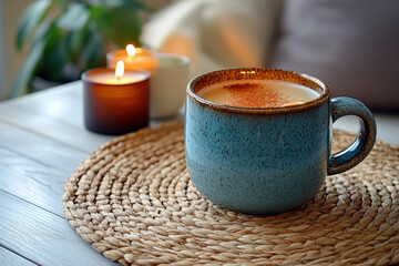 Cozy morning coffee in a blue mug on a woven placemat with candles in a warm, inviting setting