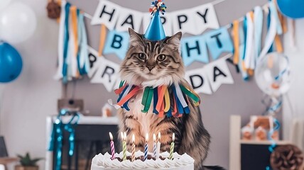 cat with birthday cake with candles and confetti