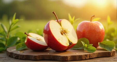 Fresh red apples with juice on wood
