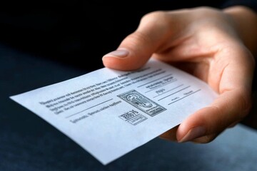 Obraz premium Hyper-realistic close-up of a personâ€™s hand holding a stamped loan payoff receipt, capturing every detail of the paper, stamp, and satisfied expression