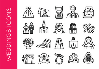 Wedding icons. Large set of trendy minimal wedding icons. Wedding dress, bride and groom, bouquet, and wedding cake icons. Design signs for web page, mobile app, packaging design. Vector illustration