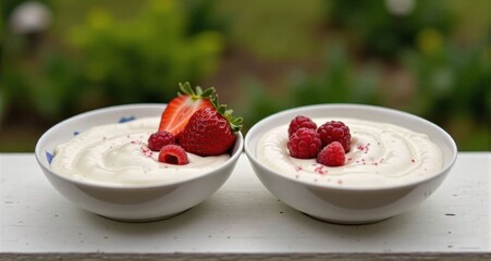Delicious yogurt bowls with strawberries and raspberries
