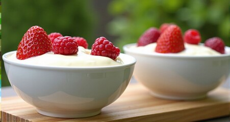 Delicious yogurt with fresh strawberries and raspberries