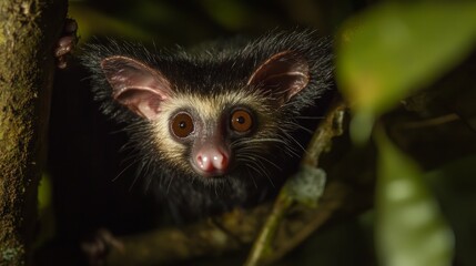 Obraz premium A close-up portrait of a tarsier, a small primate with large eyes and ears, peeking out from behind a branch in a lush forest.