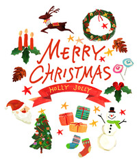 It has the words MERRY CHRISTMAS and cute hand-drawn illustrations of ribbons, Christmas trees, wreaths and snowmen.