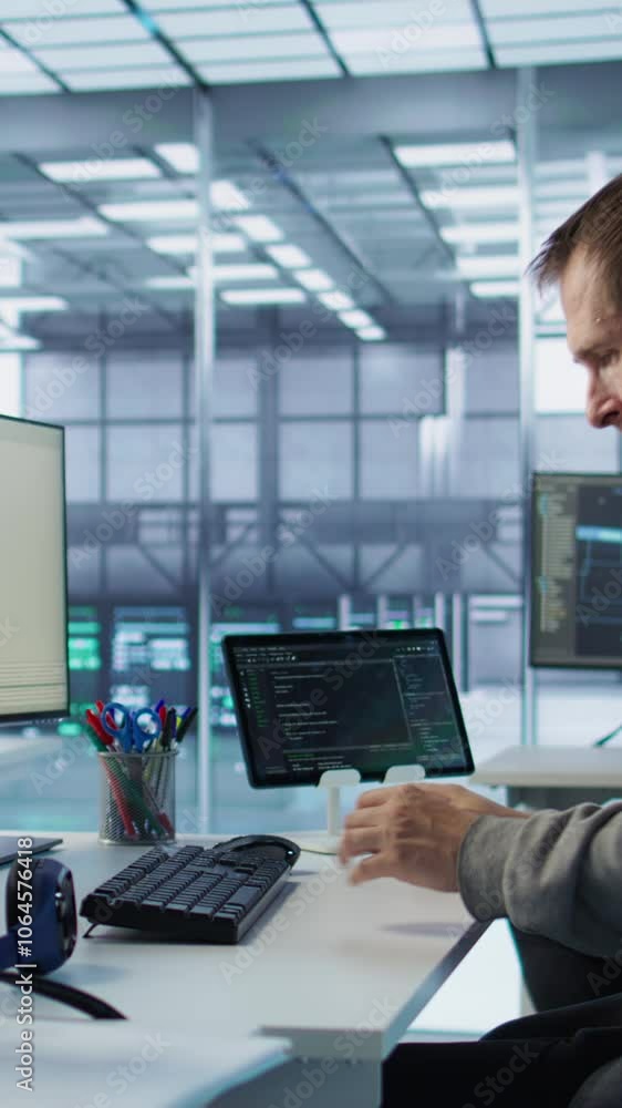 Poster technician arriving at work in high tech server room, analyzing data on monitors, ensuring seamless 