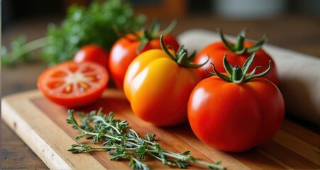 Fresh red and yellow tomatoes on a cutting board