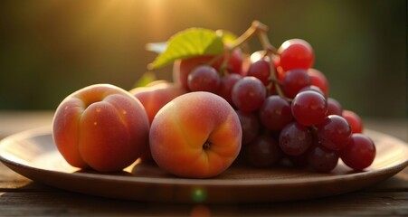 Fresh peaches and grapes on a wooden plate
