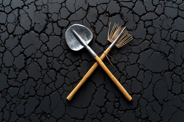 Outline of a shovel and hoe crossed, symbolizing simple tools used in rural farming techniques