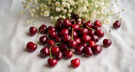 Fresh red cherries with white flowers