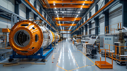 Aerospace engineering facility, spacecraft under construction, pushing boundaries of travel