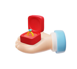 3D illustration of hand holding gold engagement ring with a gemstone in a gift box.
