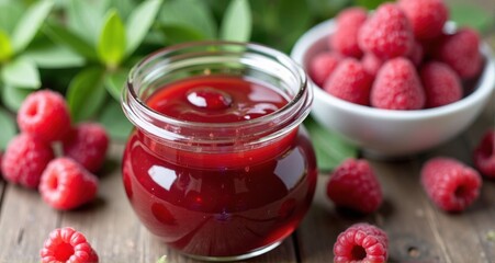 Delicious raspberry jam in a jar
