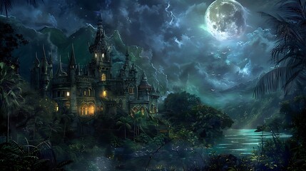 Fototapeta premium Ghoulish castle in the jungle lighted by a full moon