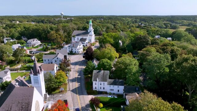 aerial over churches in Wellfleet Massachusetts
