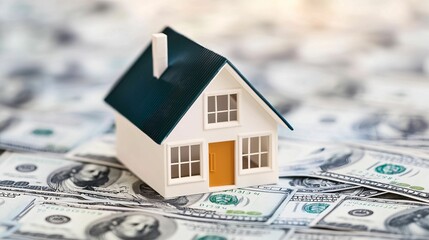 A small house model sits on a bed of cash, symbolizing real estate investment and financial growth.