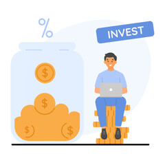 Illustration of online financial management with a man seated on a money stack. Passive income, and wealth building
