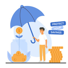 Concept of saving and protecting finances with a man holding an umbrella above a coin jar, representing financial stability and risk management