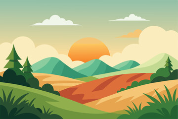 Vector illustration in flat simple style with copy space for text, summer landscape with natural scene, gradient hills, abstract background or wallpaper for banner, greeting card, wallpaper
