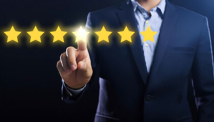 Hand Touching Five-Star Rating System with Glowing Stars
