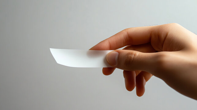 Hand holding small piece of white paper on neutral background