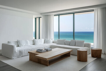 Cozy oceanfront living room with expansive windows and minimalist furniture design