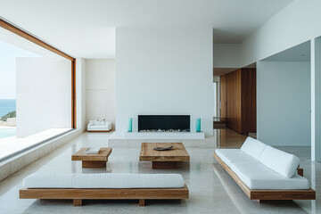 Fototapeta premium Modern minimalist living room with ocean view and wooden furniture in bright daylight