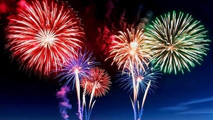 Shimmering firework display realistic vector illustration. Colorful exploding fire show in night sky 3d element on dark background