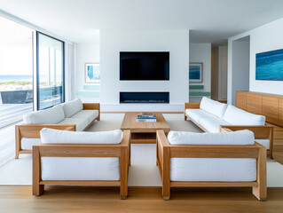 Fototapeta premium Modern coastal living room with expansive views and natural light in a beachside home