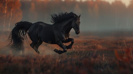 Obraz premium Gorgeous black horse at dusk galloping across an autumnal field