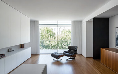 Fototapeta premium Spacious modern living room featuring large windows and minimalist furniture in a contemporary home