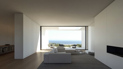 Modern living room with ocean view and minimalist design in a sunny coastal location