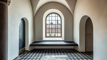 Brightly lit interior of a minimalist architecture space with a window in a historic building