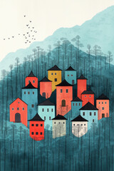 Illustration of colorful village background in the forest next to the mountain. Buildings are stacked in layers like cartoon, watercolor painting