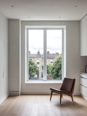 A minimalist interior with a cozy chair and large window overlooking the city on a cloudy day