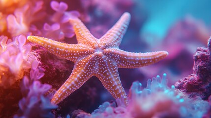 A close-up of a starfish with purple coral in the background.
