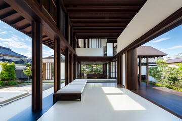 Modern minimalist interior of a Japanese house with open design and natural light in the afternoon