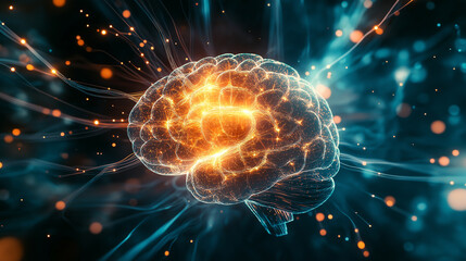 Obraz premium Abstract Illustration of Brain with Neuron Connections, Glowing Bright and Complex, Brain and Technology