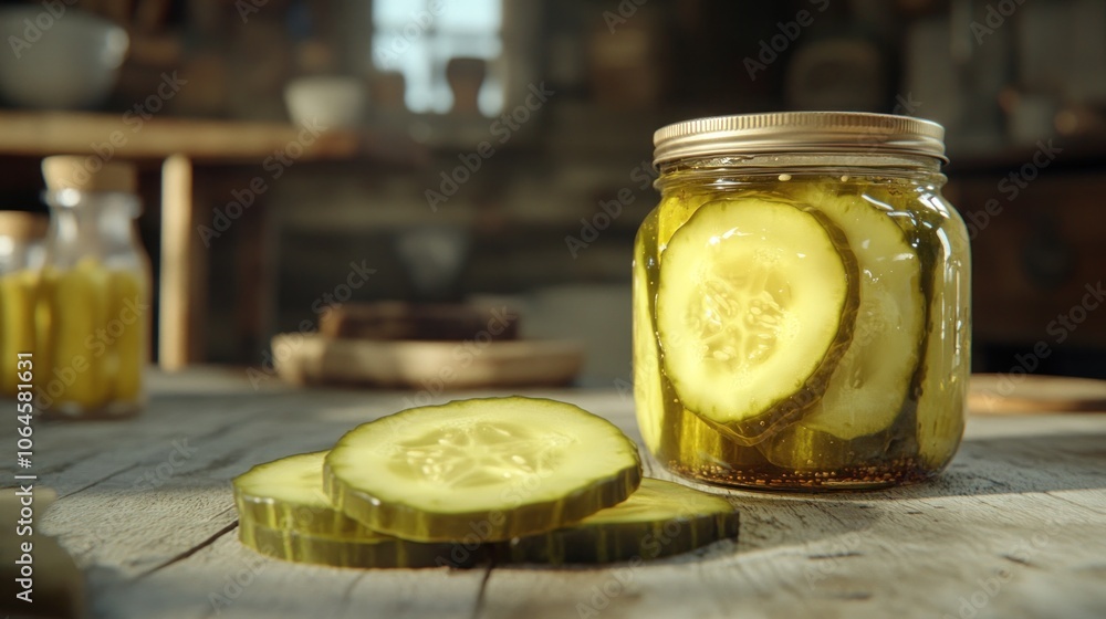 Poster a jar of pickled cucumbers with slices on a wooden table.