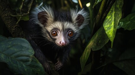 Fototapeta premium A close-up of a small, black and white primate with large, brown eyes looking directly at the camera. It is sitting on a branch surrounded by green leaves.