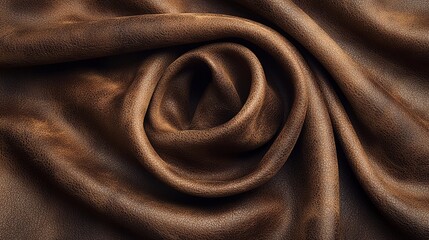 A close-up view of soft, brown leather fabric elegantly arranged in a spiral.
