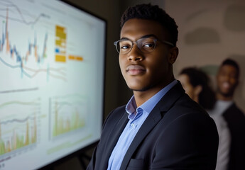 Fototapeta premium African American businessman standing in a well lit office background with coworkers in the background, all infront of a chart depicting upwards growth and increase for a business or marketing concept