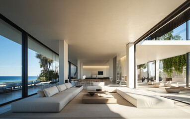 Fototapeta premium Spacious modern living area with ocean view in a contemporary home during sunny daylight